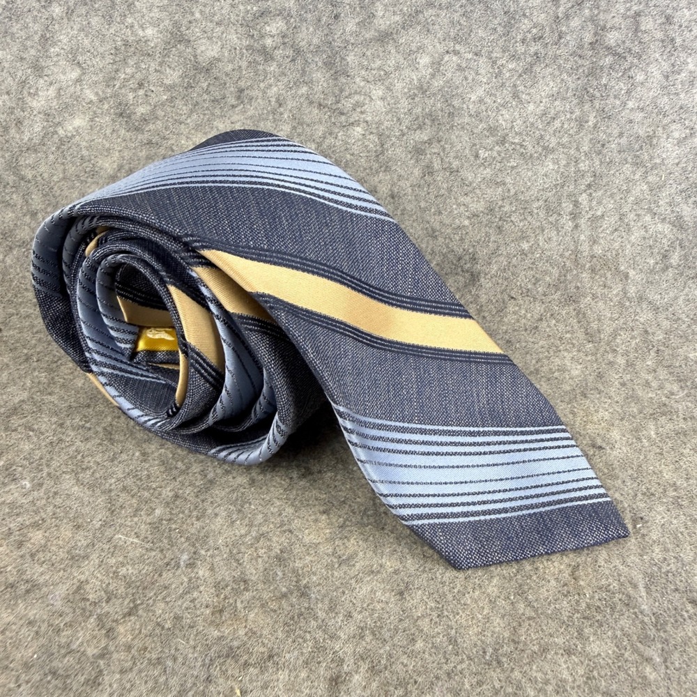 Tonino Firenze Vintage Mens Necktie Navy Blue Gold Striped Tie Classic Office